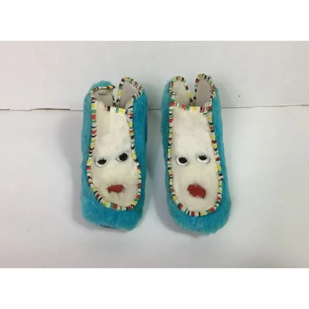 1960s Vintage Baby Booties Moccasin Size‎ 3 Fur animal Turquoise white Made USA